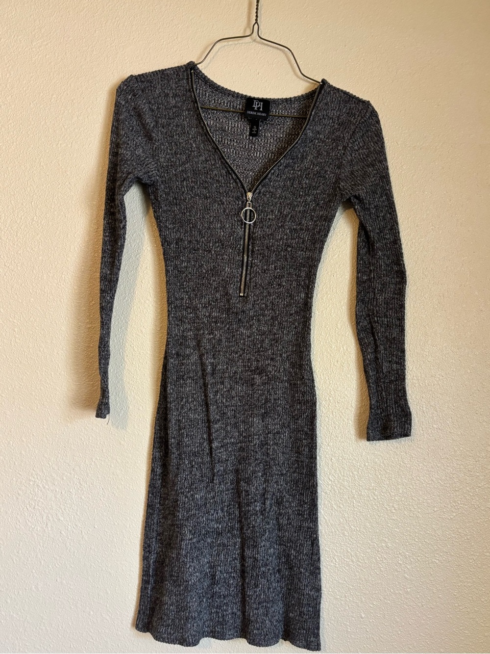 Derek Heart Charcoal Ribbed Long Sleeve Sweater Dress with Zip